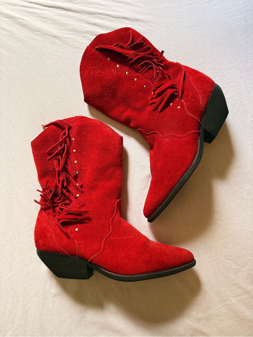 Arizona Jean Company Red Suede Fringe Western Ankle Boots